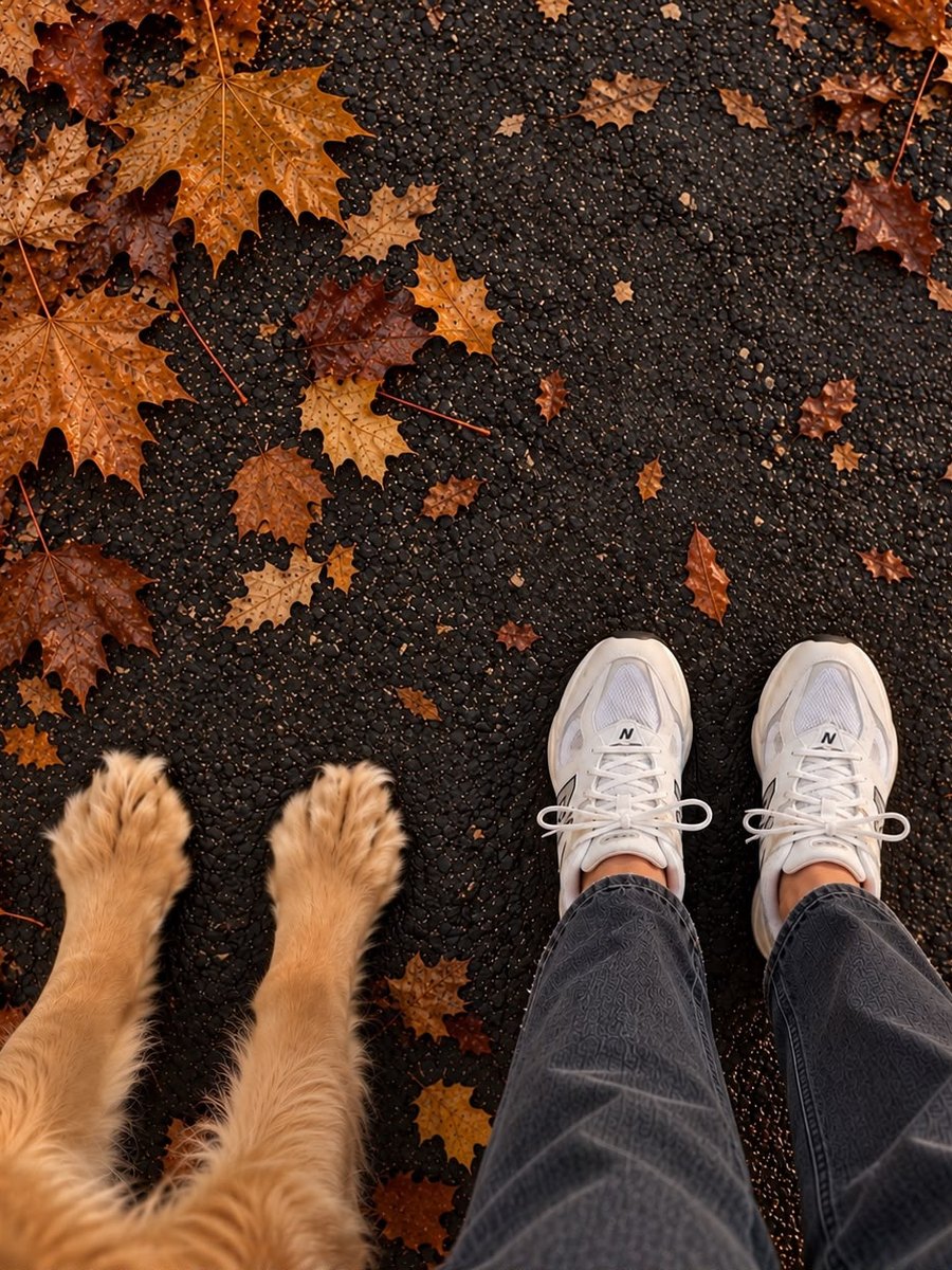 Hondenpootjes en sneakers tussen de herfstbladeren